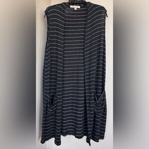Casual Couture Sleeveless Cardigan Black With White Stripes Knit Pockets Large